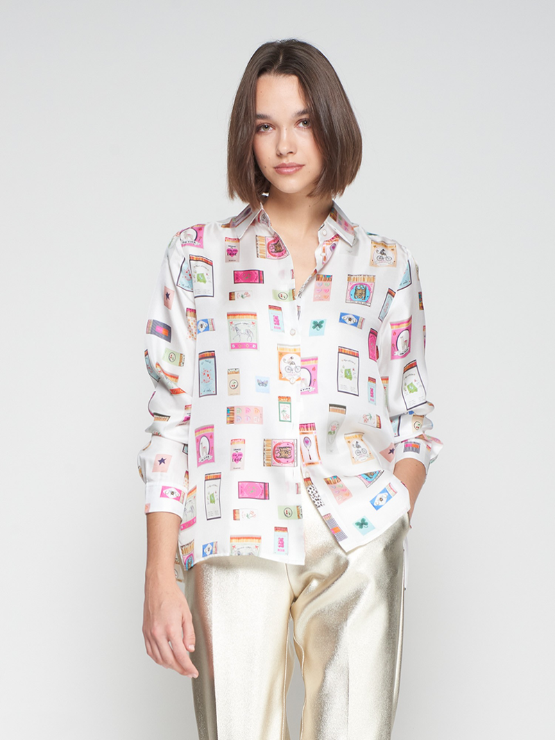 Silk off white shirt with colourful matchbox print