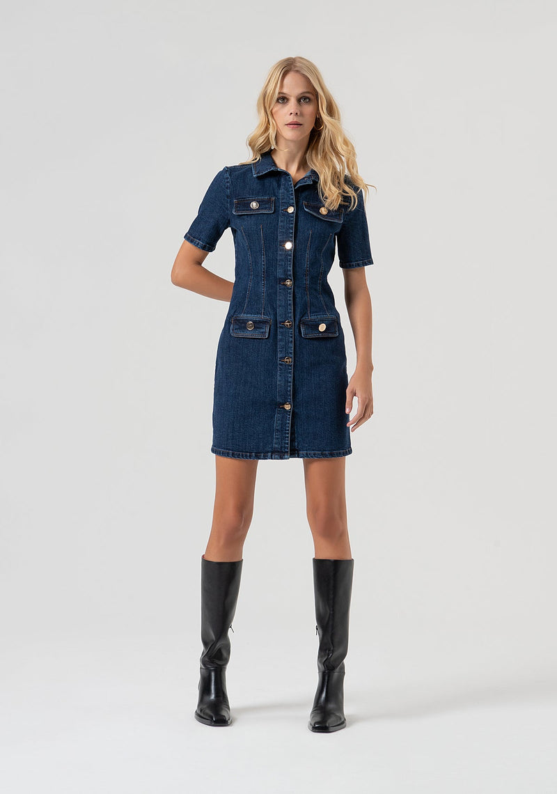 Short sleeved denim dress with gold buttons