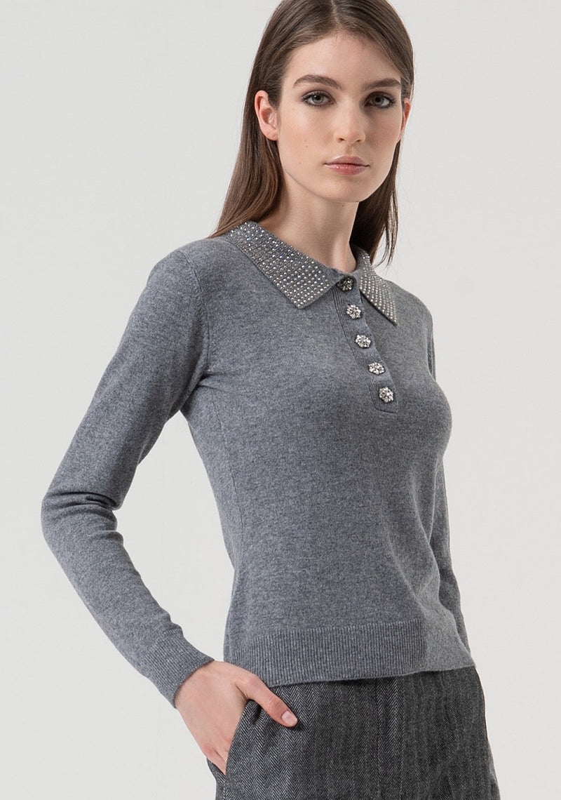 Polo sweater in grey with diamanté collar and buttons
