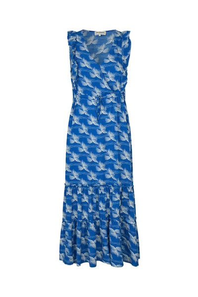 Tiered maxi beach dress in royal blue with Palm pattern in off white