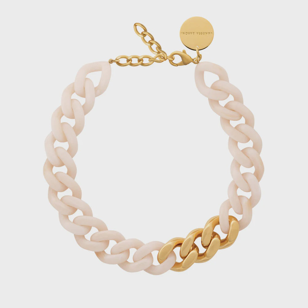 Vanessa Baroni Flat Chain Necklace with gold and latte marble