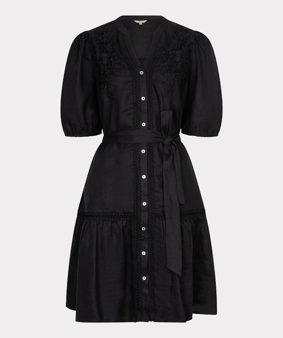 Black Linen short Dress with embroidery