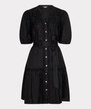 Black Linen short Dress with embroidery