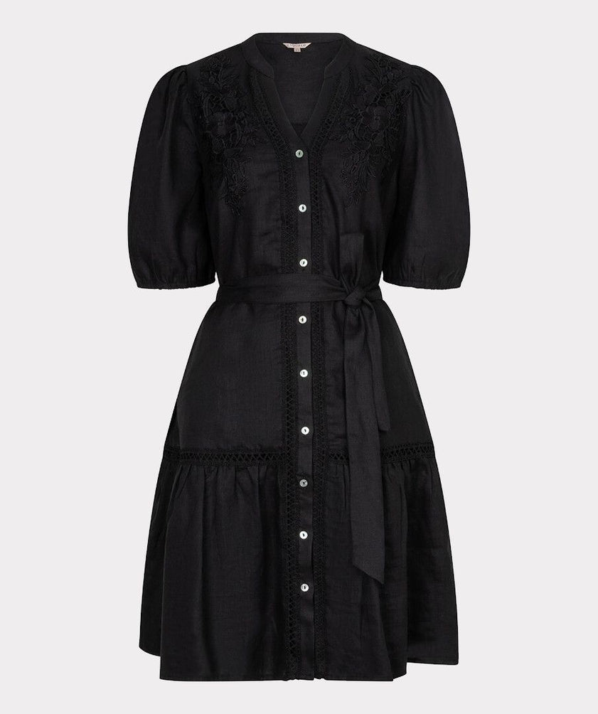 Black Linen short Dress with embroidery