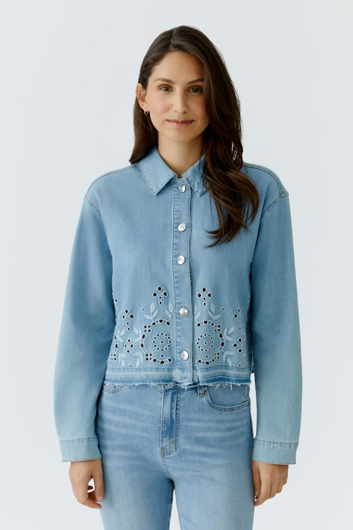 Oversized denim jacket with elaborate eyelet embroidery