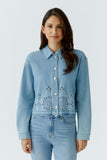 Oversized denim jacket with elaborate eyelet embroidery