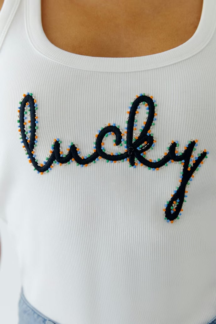 Embroidered off white tank top