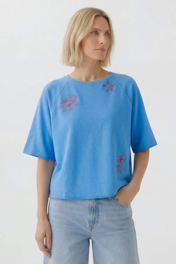 Blue Sweater with Red Embroidered Lobsters
