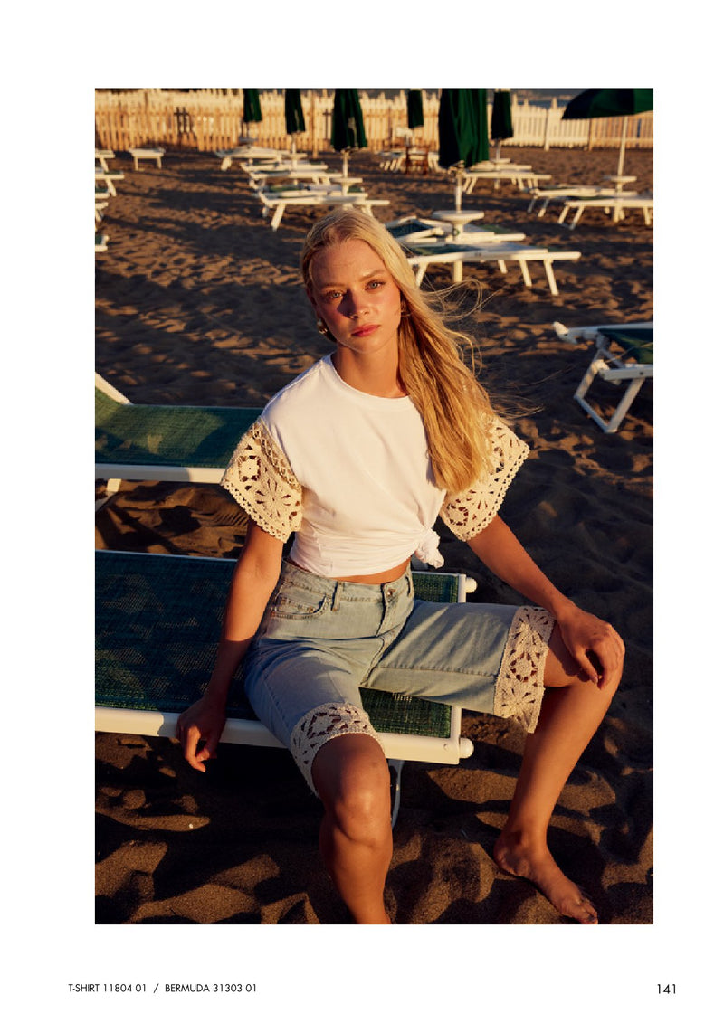 White T Shirt With Cream Crochet