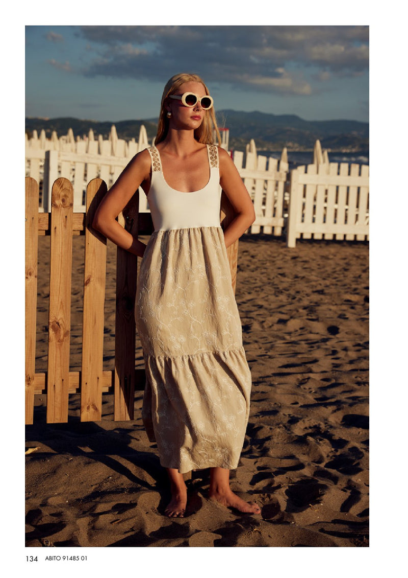 Tiered Summer dress in off white and beige