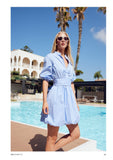 Blue dress with white stripes and puffball hemline