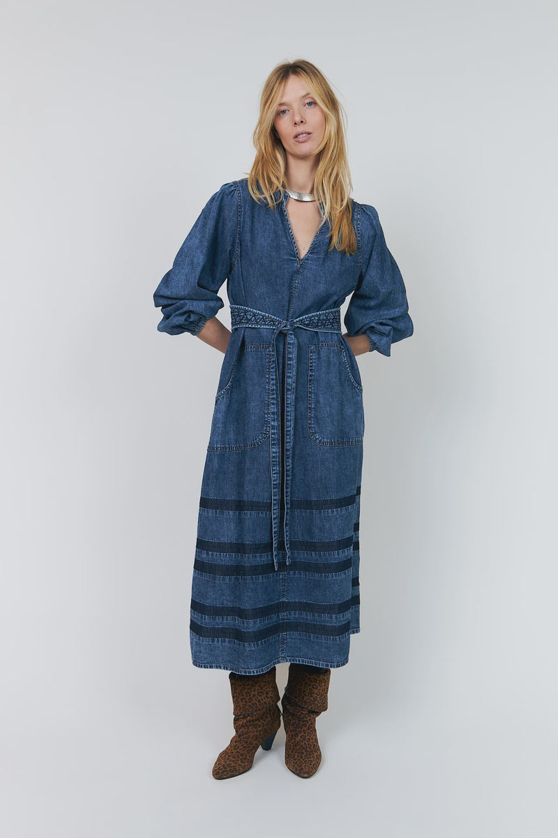 Lightweight denim dress with tone on tone striped detailing