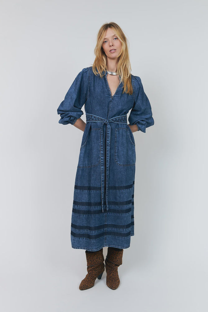 Lightweight denim dress with tone on tone striped detailing