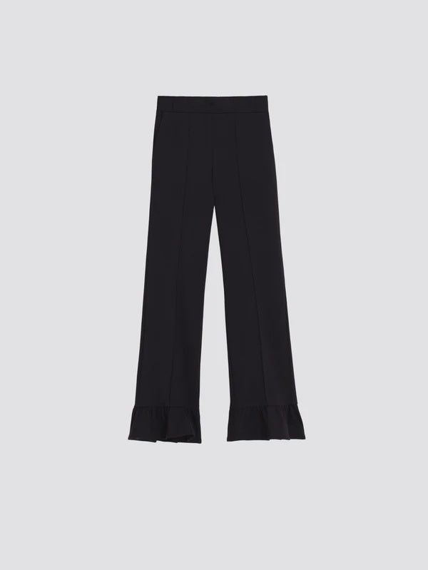 Black straight leg trousers with ruffle at the hem