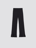 Black straight leg trousers with ruffle at the hem