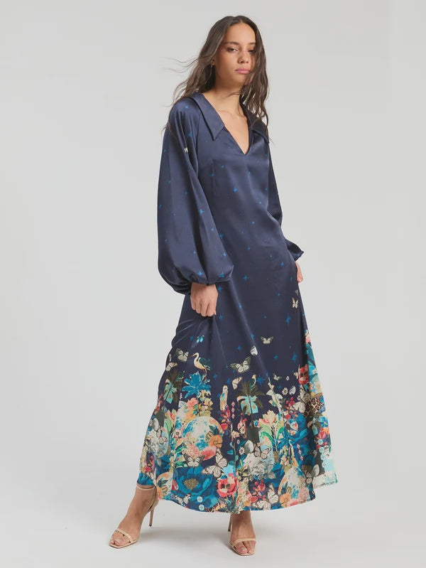 Long navy dress with flowers and butterflies