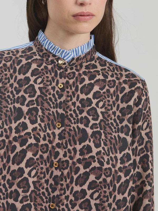 Shirt with animal print and blue striped details