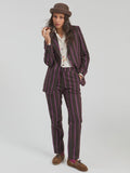 brown straight leg trousers with stripes in fuchsia and navy blue