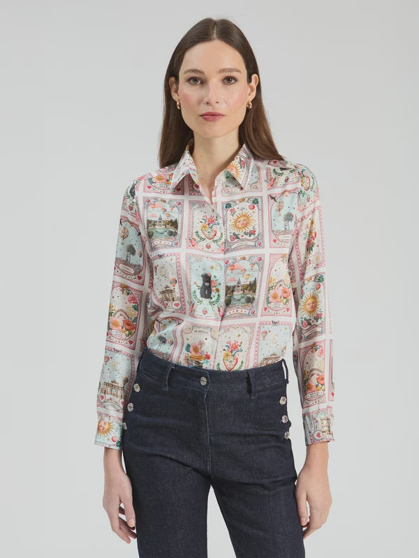 Polyester shirt with vintage inspired illustrated playing card print