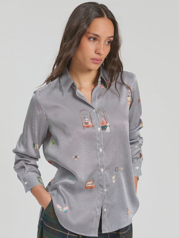 Fine pinstripe shirt in navy and white decorated with hotel inspired pattern