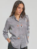 Fine pinstripe shirt in navy and white decorated with hotel inspired pattern