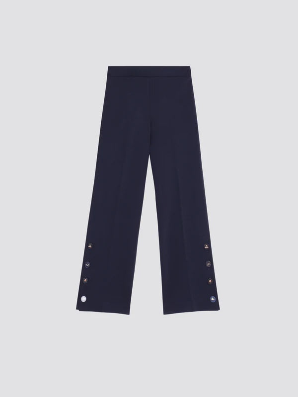 Navy knit trousers with button detail