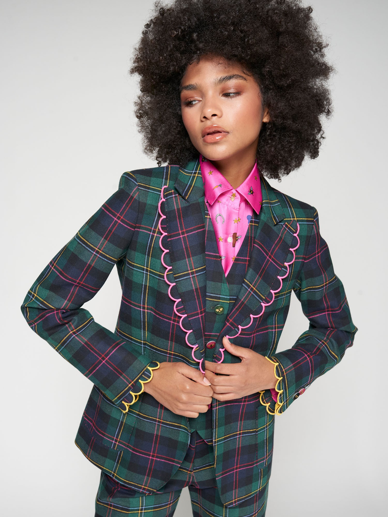 Hillary Check Jacket with Scalloped Collar and Cuffs