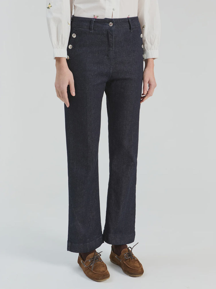 Straight leg denim with button detail on side pockets