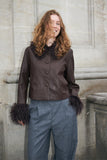 Leather look jacket in chocolate brown with fur collar and cuffs