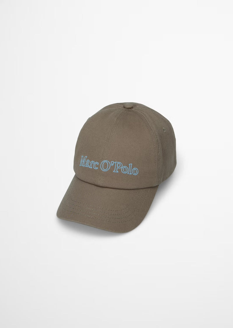 Cotton twill cap in stone taupe with logo in turquoise