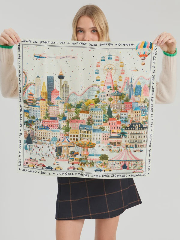 Mini silk scarf with urban illustration