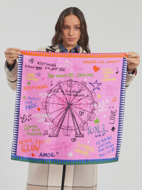 Pink mini silk scarf with illustrations