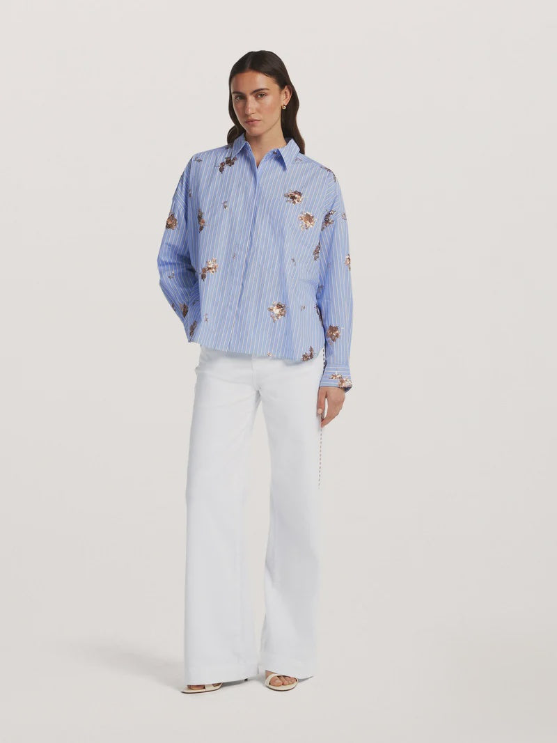 Blue striped shirt with sequin detail in taupe