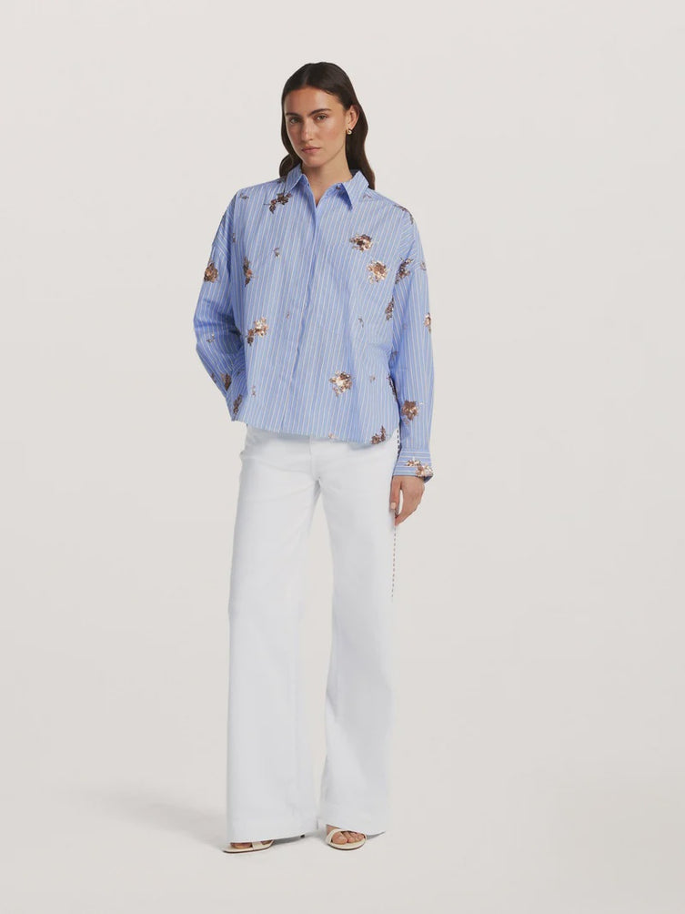 Blue striped shirt with sequin detail in taupe