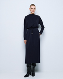 Long navy jersey dress with drawstring waist