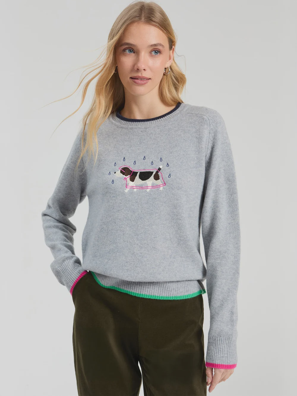 Grey Merino Wool Sweater with Embroidered Dog