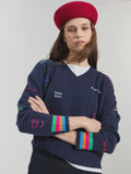 Navy Wool Sweater with Embroidery
