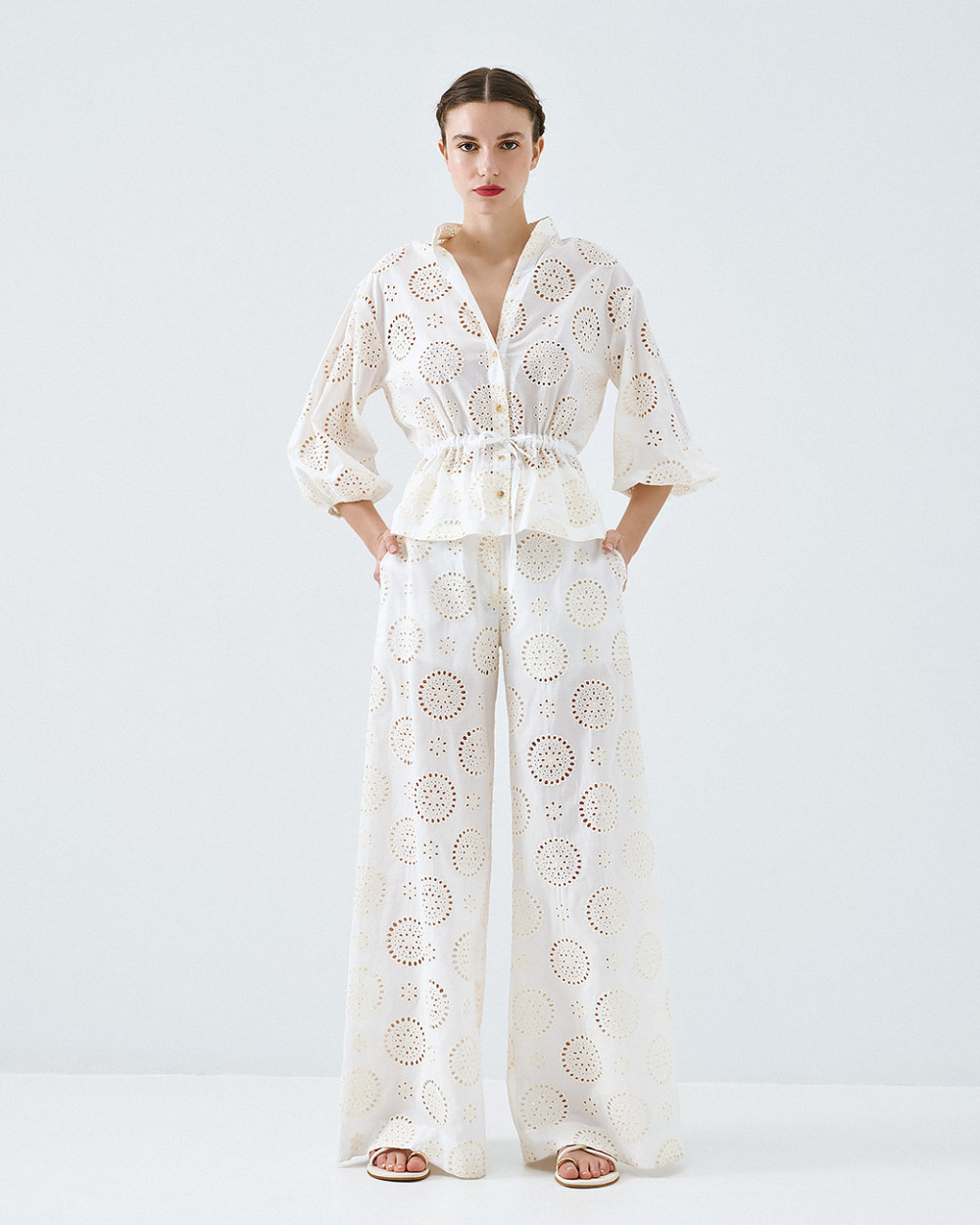 Wide leg broderie pants