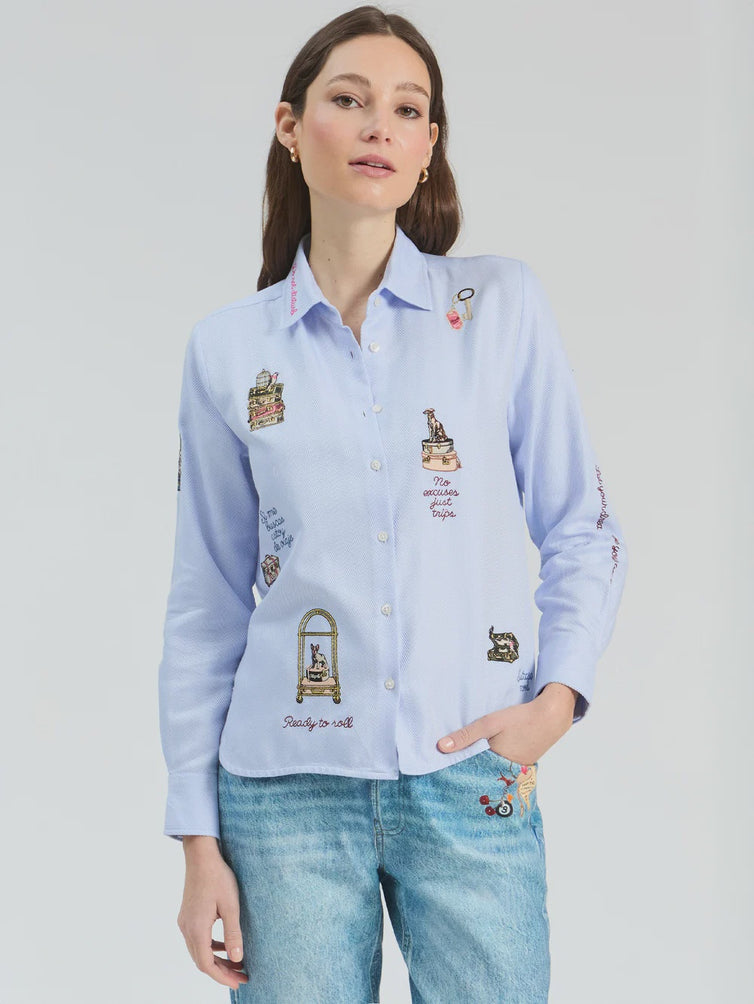 Blue Herringbone shirt with Embroidery