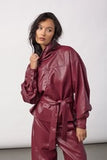 Berry red Pleather cowl neck blouse with belt