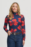 Mesh navy turtleneck with floral pattern in red