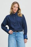 Dark blue blouse with sparkling sequinned cuffs