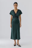 Deep Forest Green midi Satin dress  with black lace embellishment