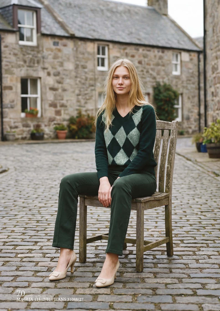 Green v neck jumper with diamond lurex feature