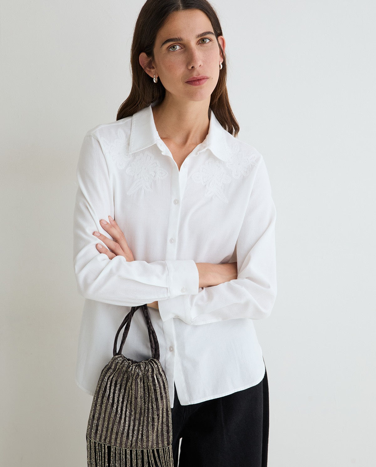 White Cotton Shirt with Floral Embroidery
