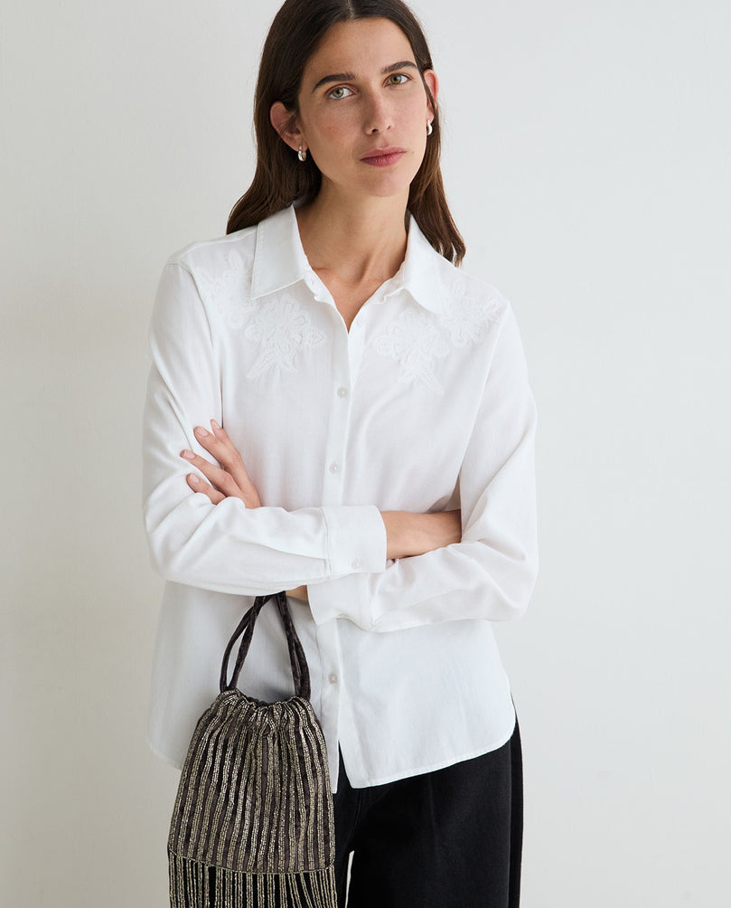 White Cotton Shirt with Floral Embroidery