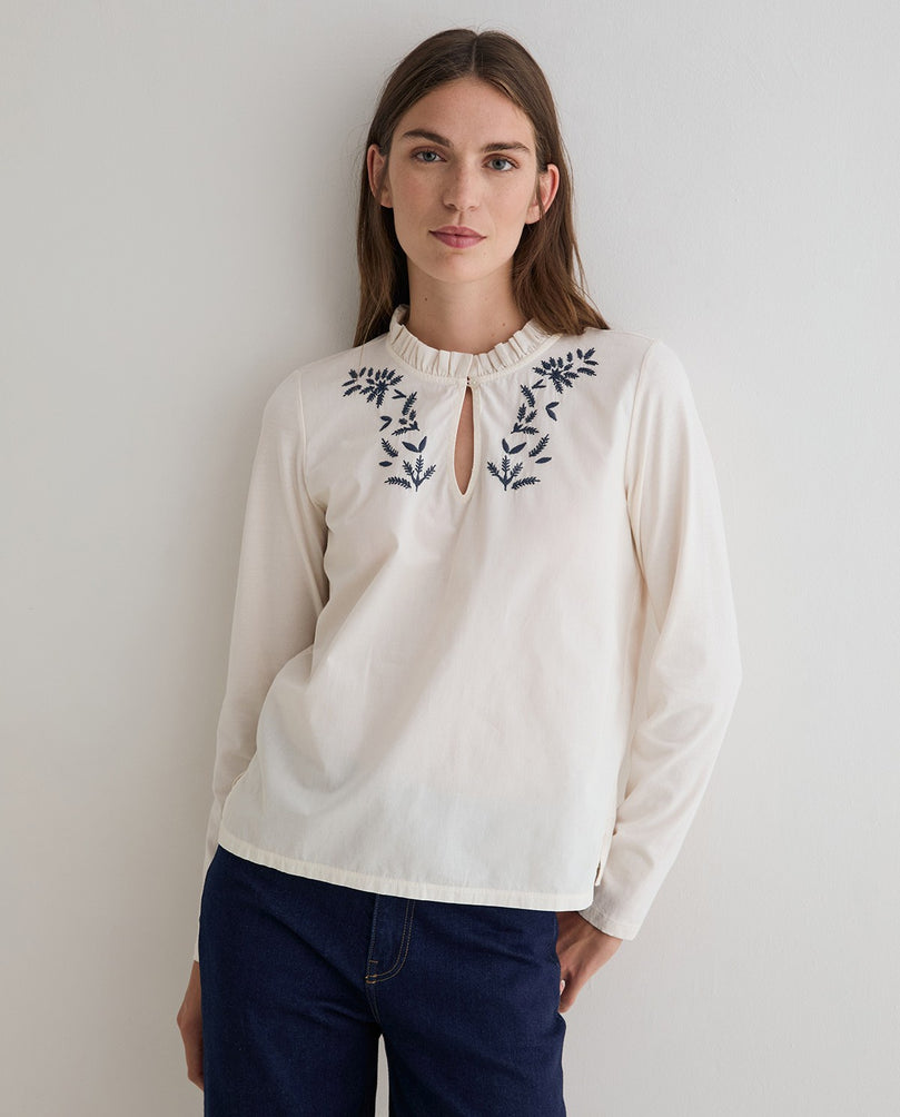 Cream Blouse with Teal Embroidery