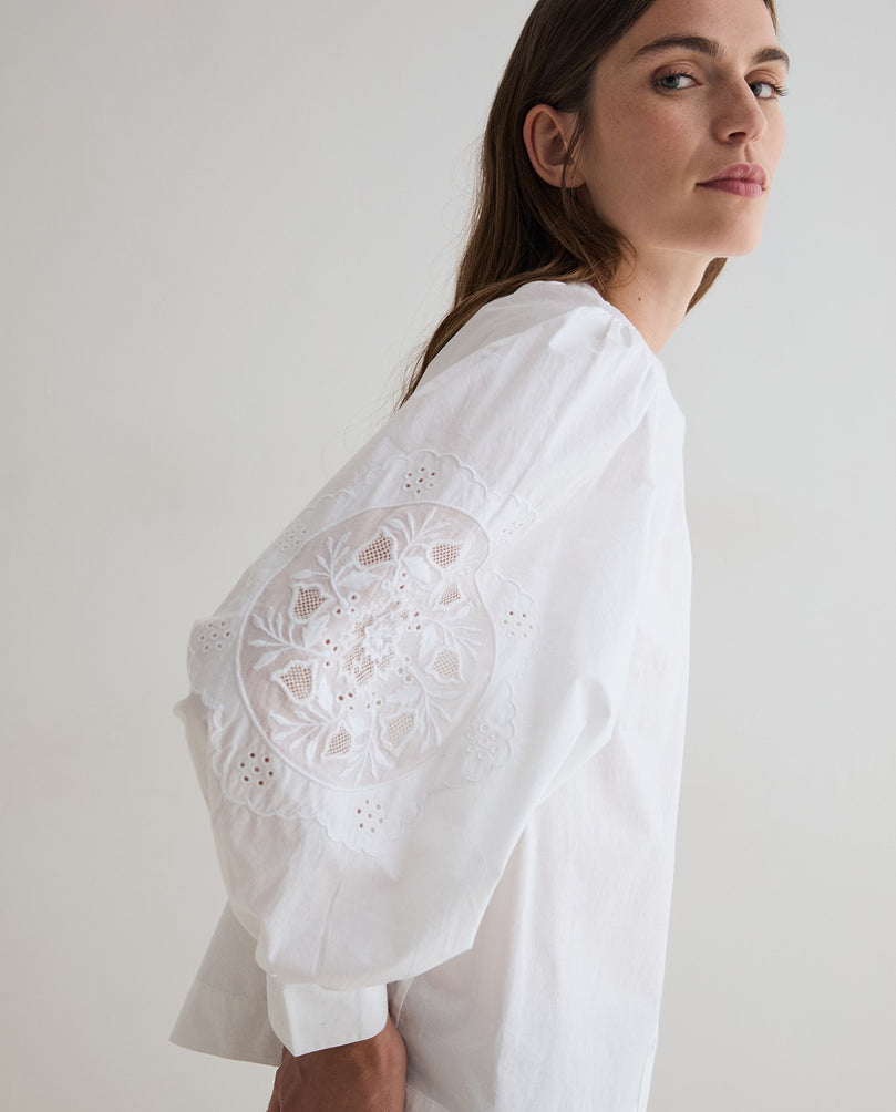 White Cotton Shirt with Embroidered Sleeve