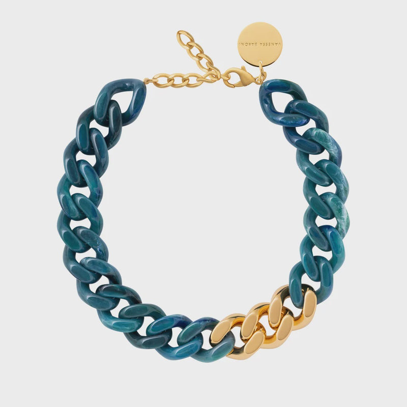 Vanessa Baroni Flat Chain Neclace in Teal and Gold
