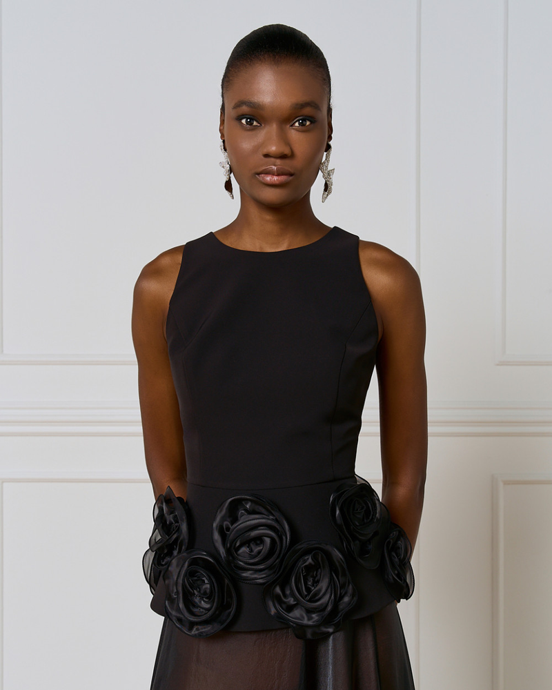 Black top sleeveless with organza flower detail